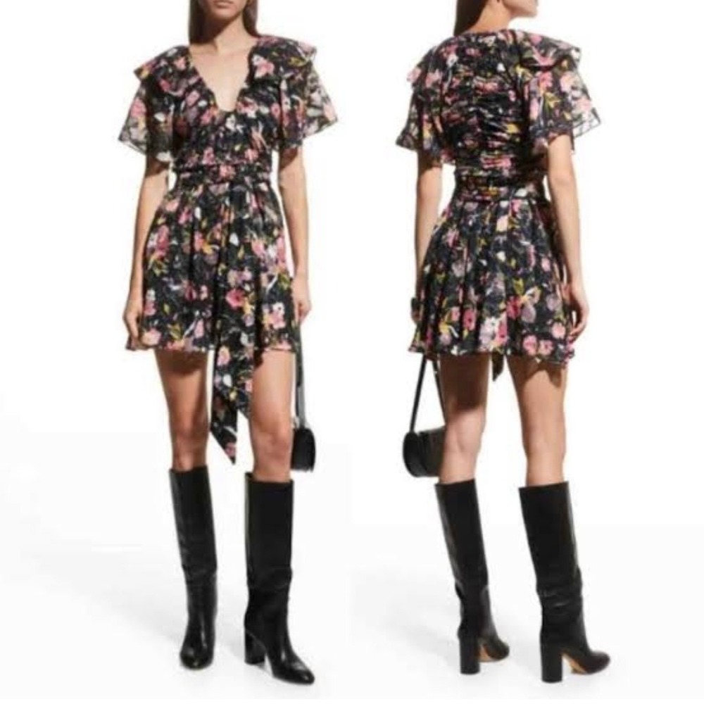 Tanya Taylor Mara Floral Fil Coupe Ruffle Mini Dress Black Dark Romantic EUC 0